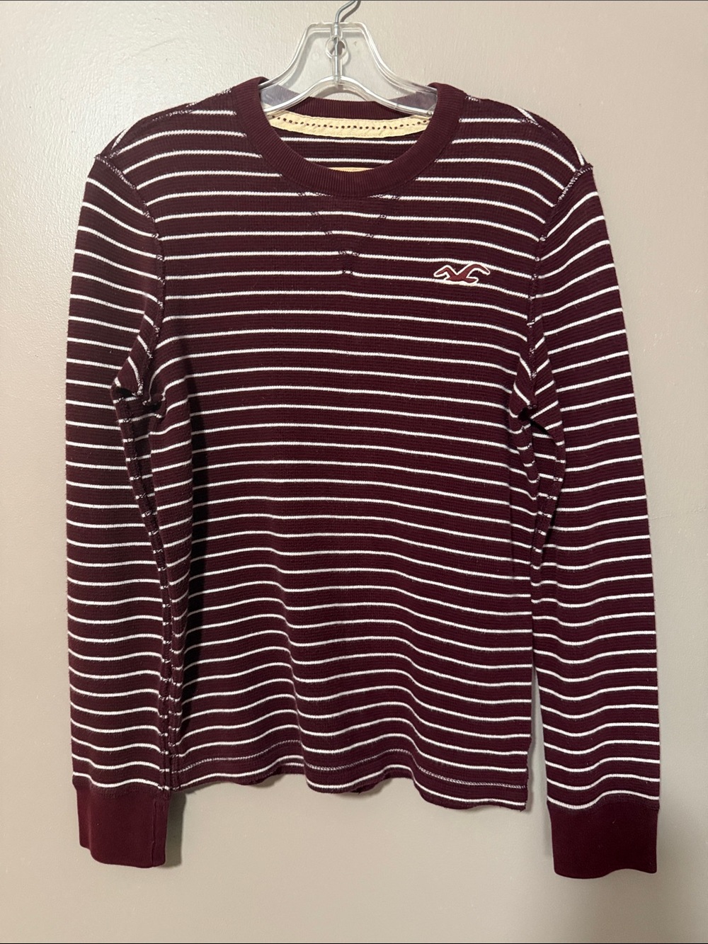 Hollister Burgundy and White Striped Crewneck Sweater Y2K